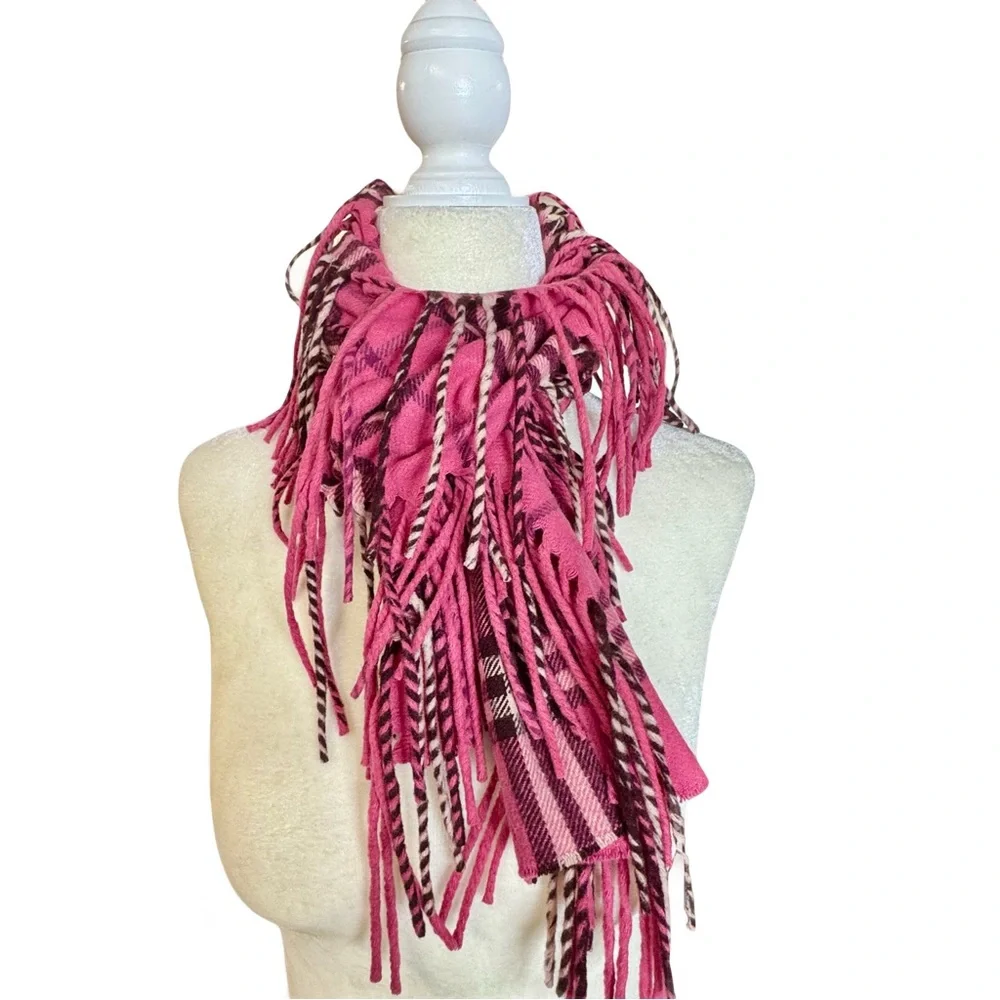 Burberry 100% cashmere authentic happy double fringe hot pink plaid scarf vintag